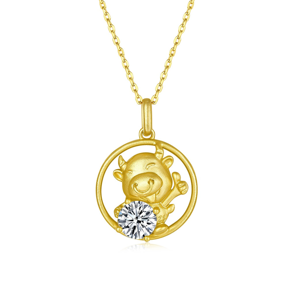 Gold-plated sterling silver Chinese zodiac ox pendant with moissanite